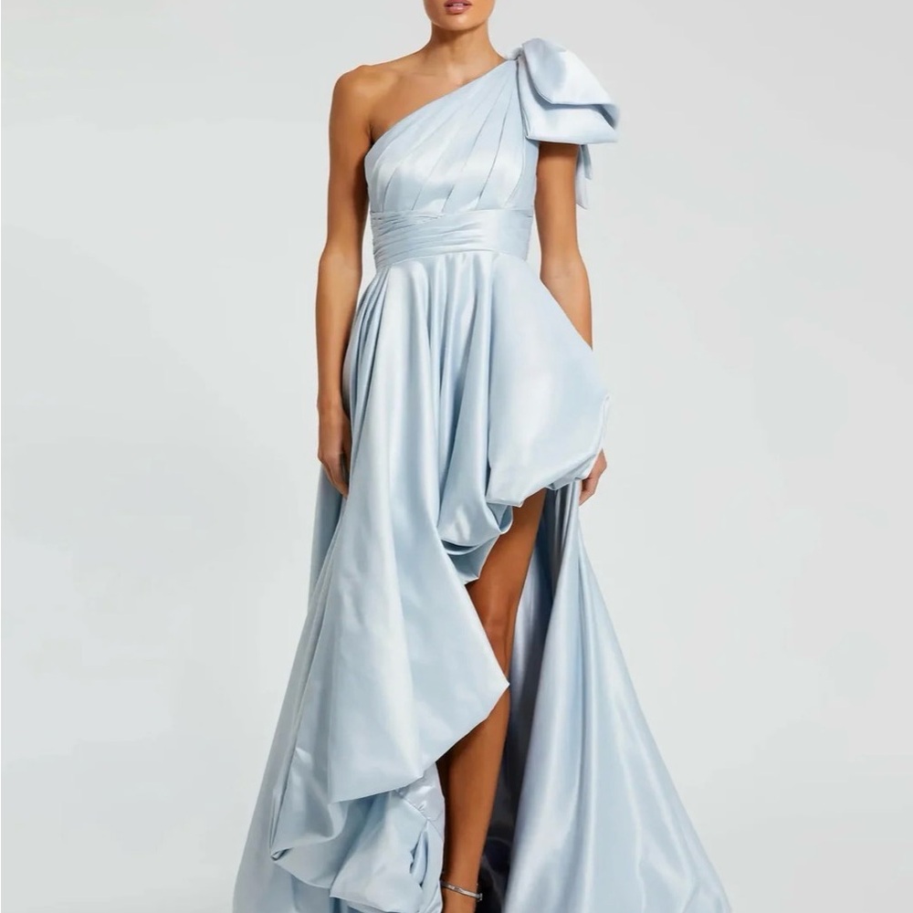 Mac Duggal Pale Blue One-Shoulder Evening Gown with Bow
